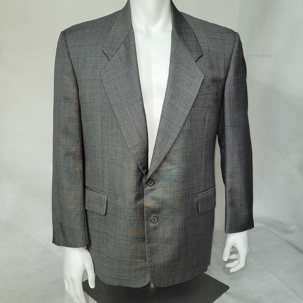 TOM JAMES Mens Gray Plaid Wool Blend Suit Jacket Blazer 42R‎ Custom Tailored USA